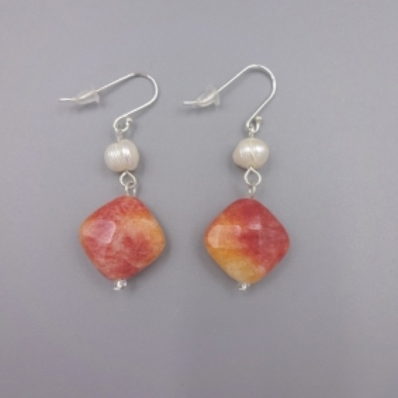 Sterling Pearl and Orange Stone Earrings - Picture 6 of 6